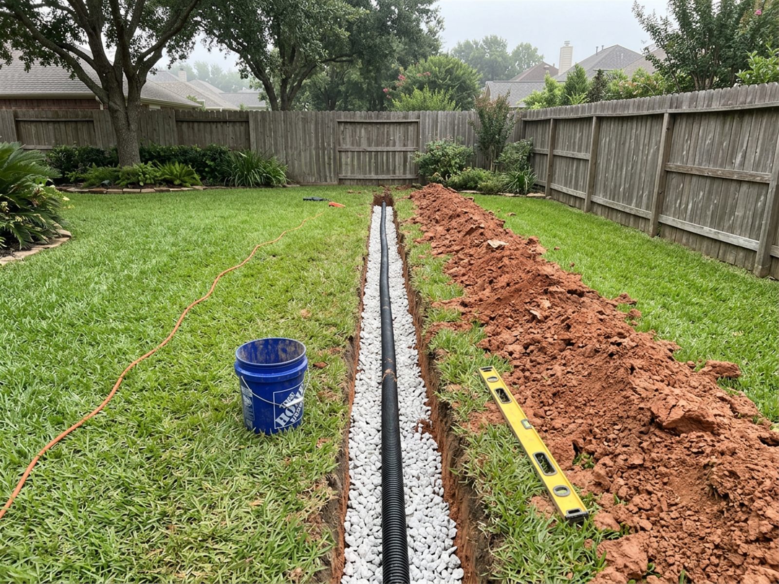 French drain installation in progress in a Beaumont Texas backyard