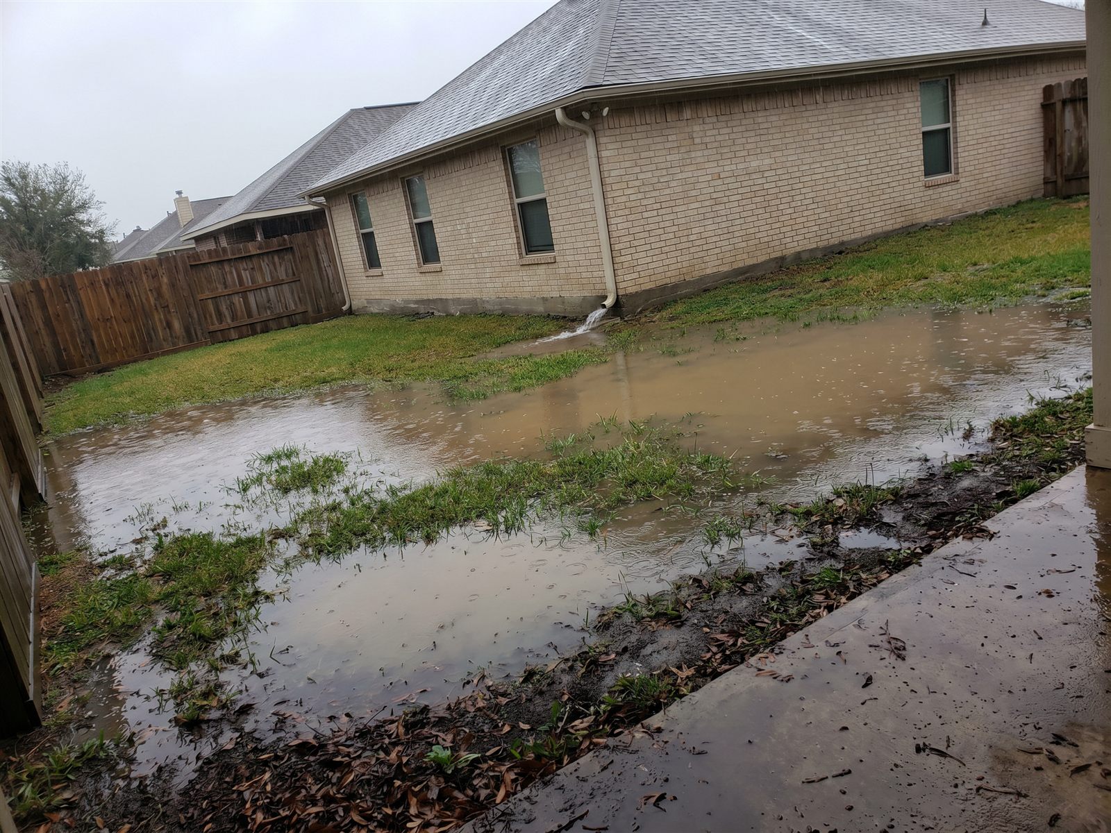 Beaumont yard with standing water after heavy rain