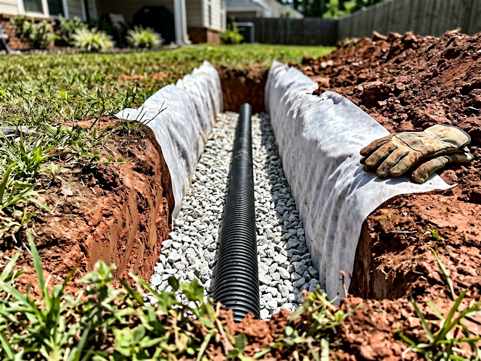 French drain trench showing gravel, perforated pipe, and filter fabric in Beaumont TX