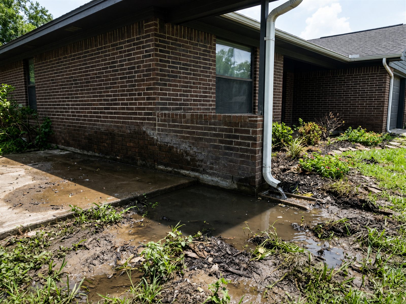 Standing water pooled against foundation of Beaumont Texas home